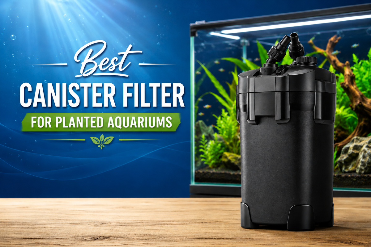 Best canister filter for planted aquariums installed on a lush freshwater aquascape with healthy aquatic plants and crystal-clear water.