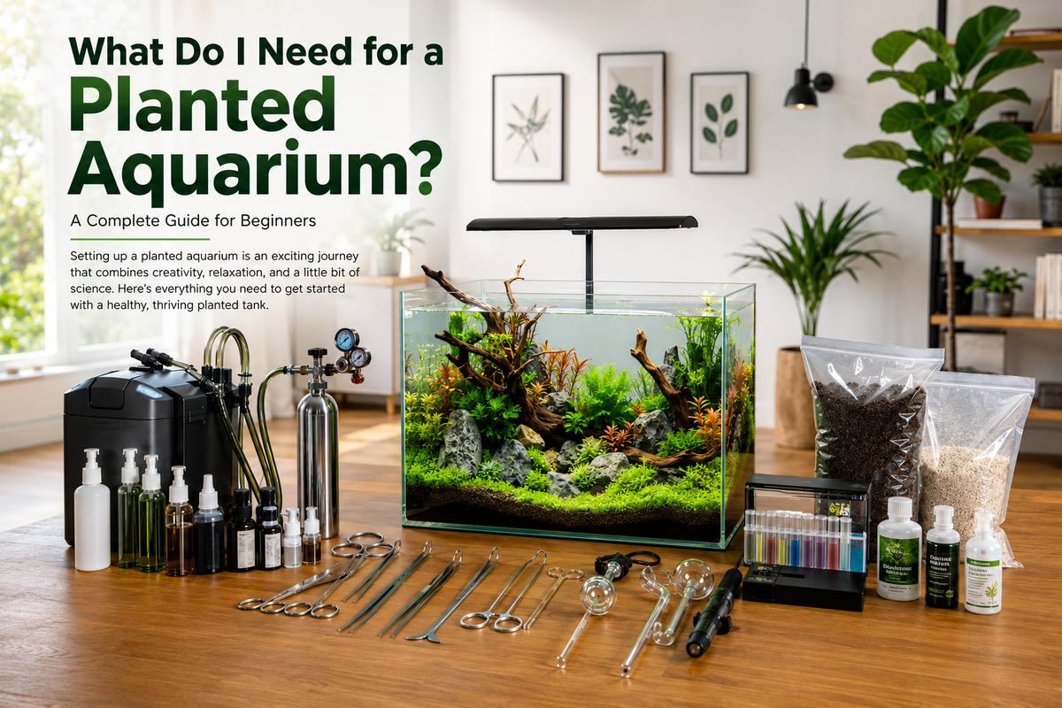 What Do I Need for a Planted Aquarium? A beautiful rimless planted aquarium with lush aquatic plants, natural driftwood, Seiryu stones, aquascaping tools, and aquarium essentials displayed in a bright modern living room.