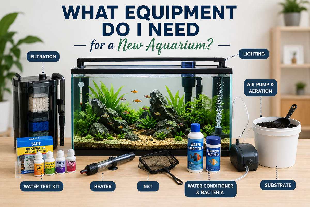 What Equipment Do I Need for a New Aquarium? Essential aquarium equipment including filter, heater, air pump, lighting, water test kit, substrate, and water conditioner around a freshwater fish tank.