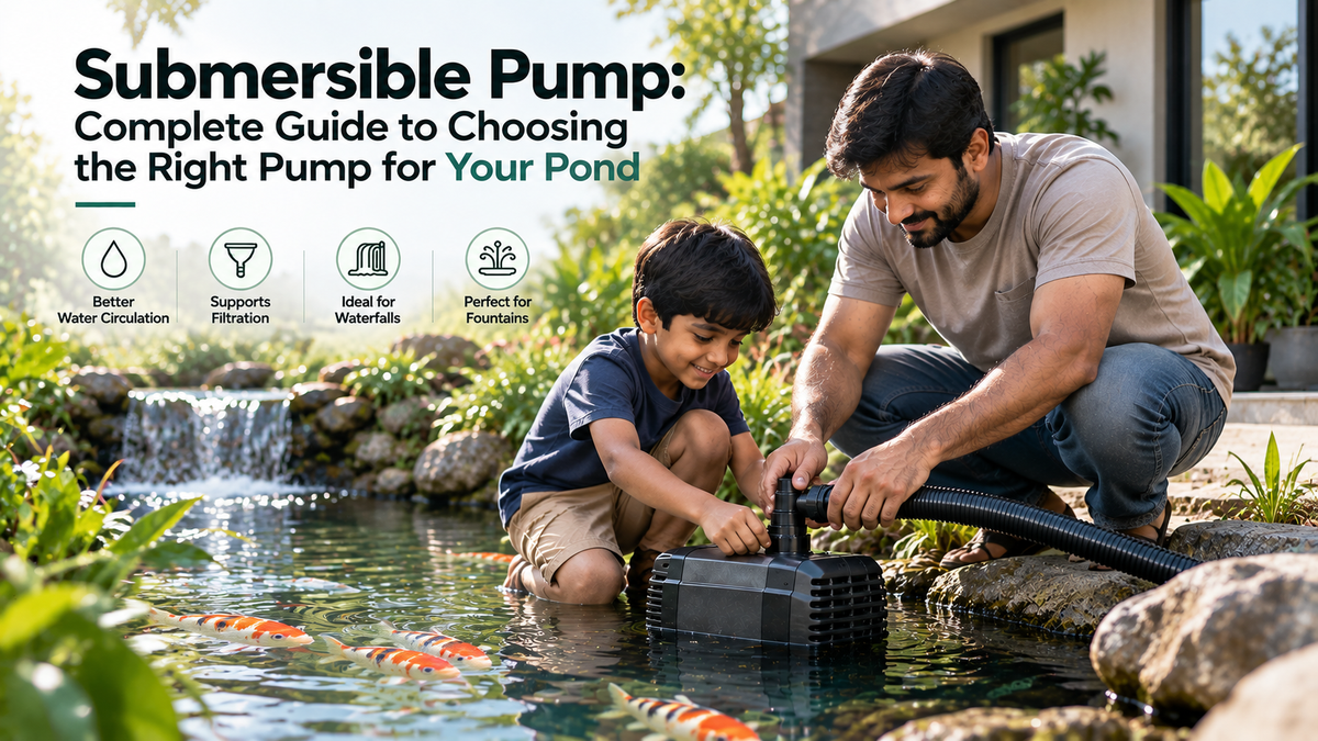 Father and son installing a submersible pump in a koi pond with a waterfall, demonstrating pond water circulation and filtration.