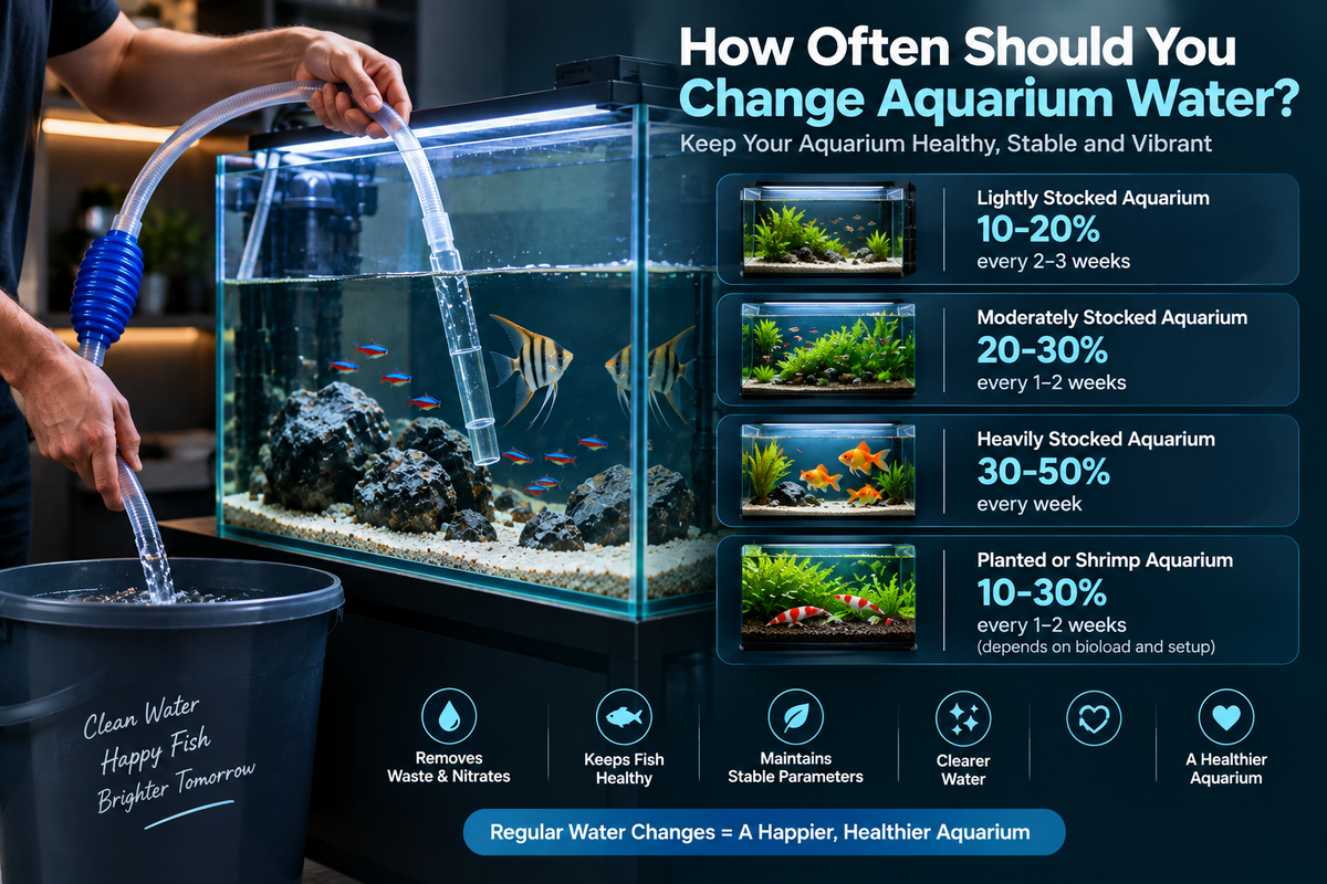 Aquarium water change and regular aquarium maintenance for healthy fish