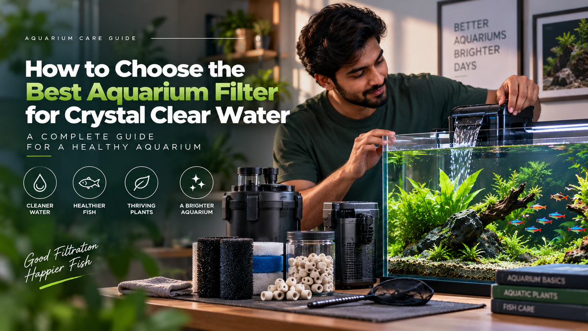 How to choose the best aquarium filter for crystal clear water, featuring a hobbyist maintaining a planted aquarium with aquarium filters and filter media.